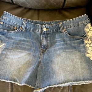 INC Denim lace appliquéd shorts.